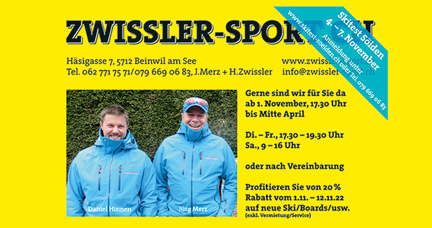 Öffnungszeiten | Zwissler-Sport, Häsigasse 7, 5712 Beinwil am See