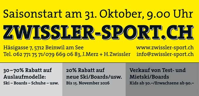 Öffnungszeiten | Zwissler-Sport, Häsigasse 7, 5712 Beinwil am See